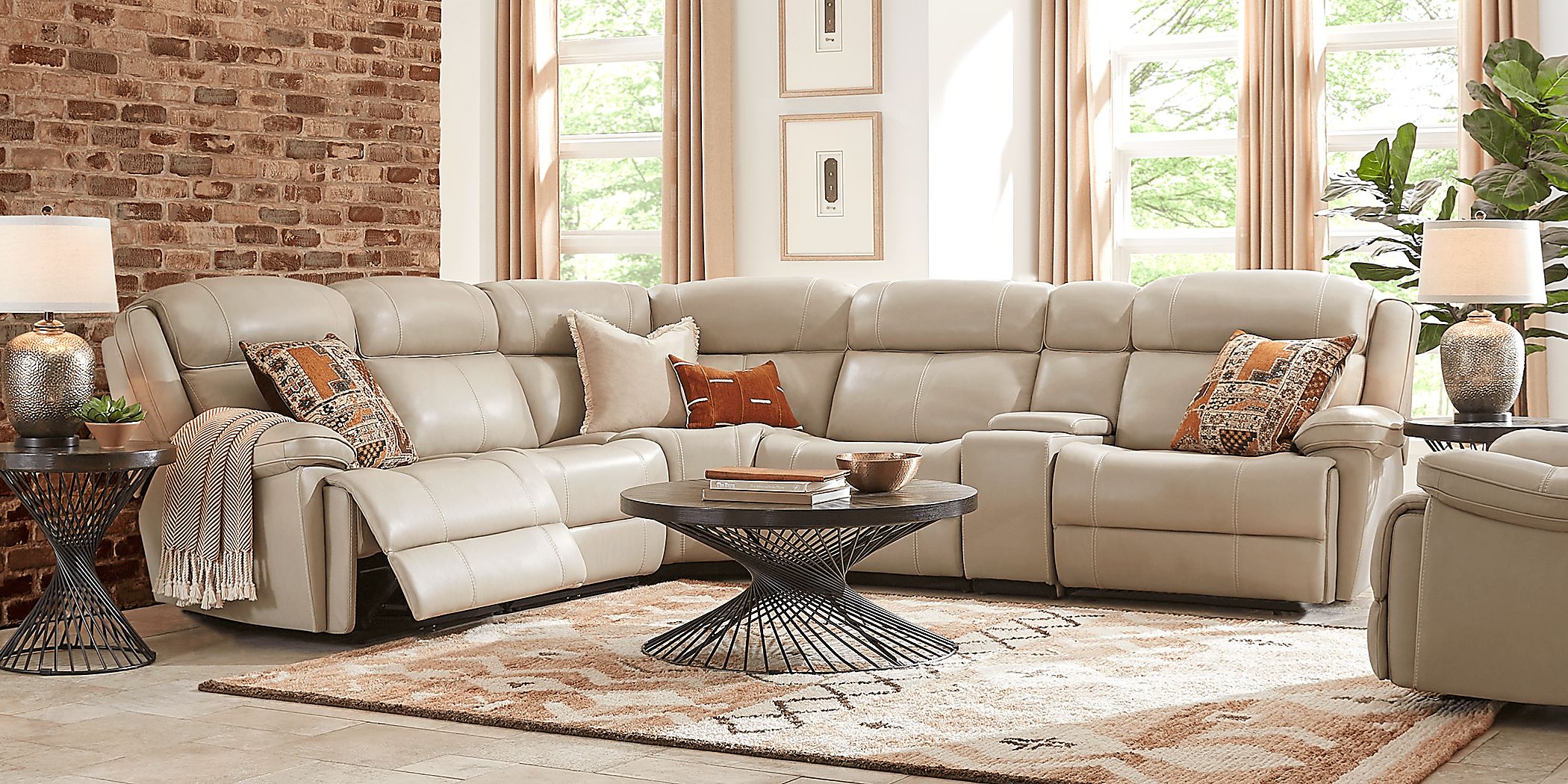 Rooms To Go West Valley Beige 6 Pc Leather Reclining Sectional